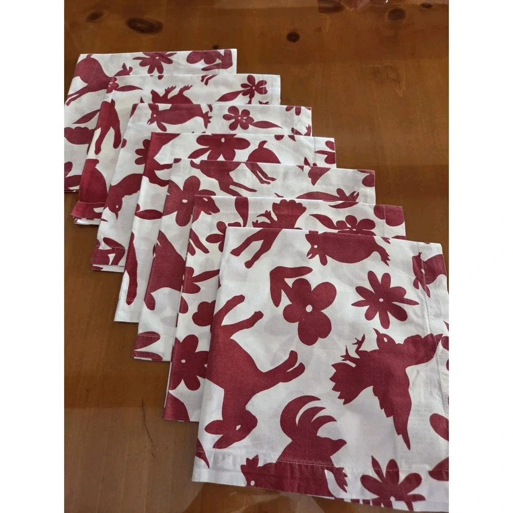 Potterybarn Folk Art Farm Animal Napkin (7) White Red Donkey Bird Cow Holiday